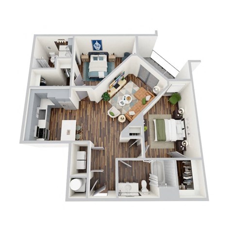 Floor plan for 2 beds, 2 baths, 1073 sqft